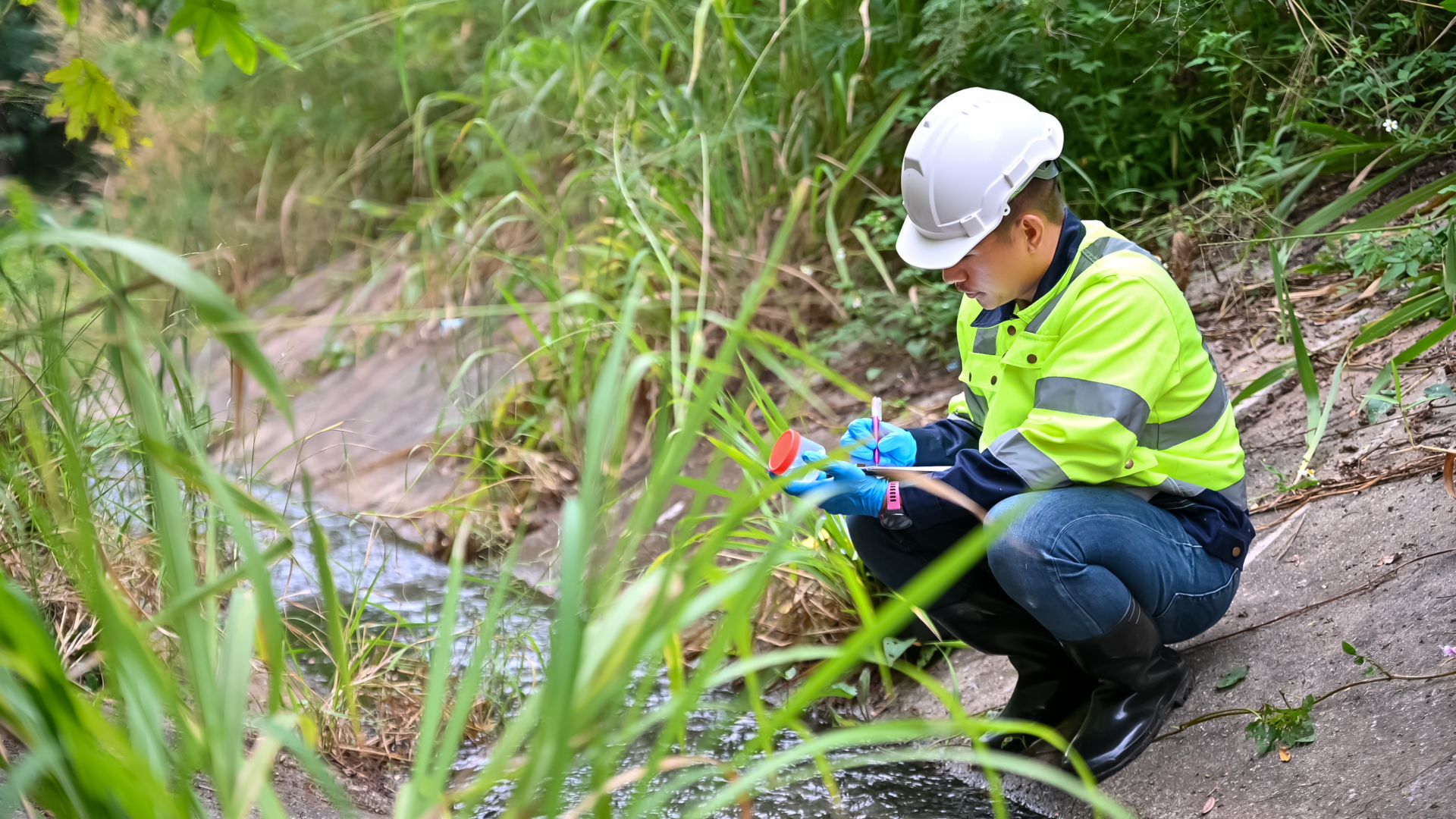 Field technician in hi-vis crouched sampling a stream