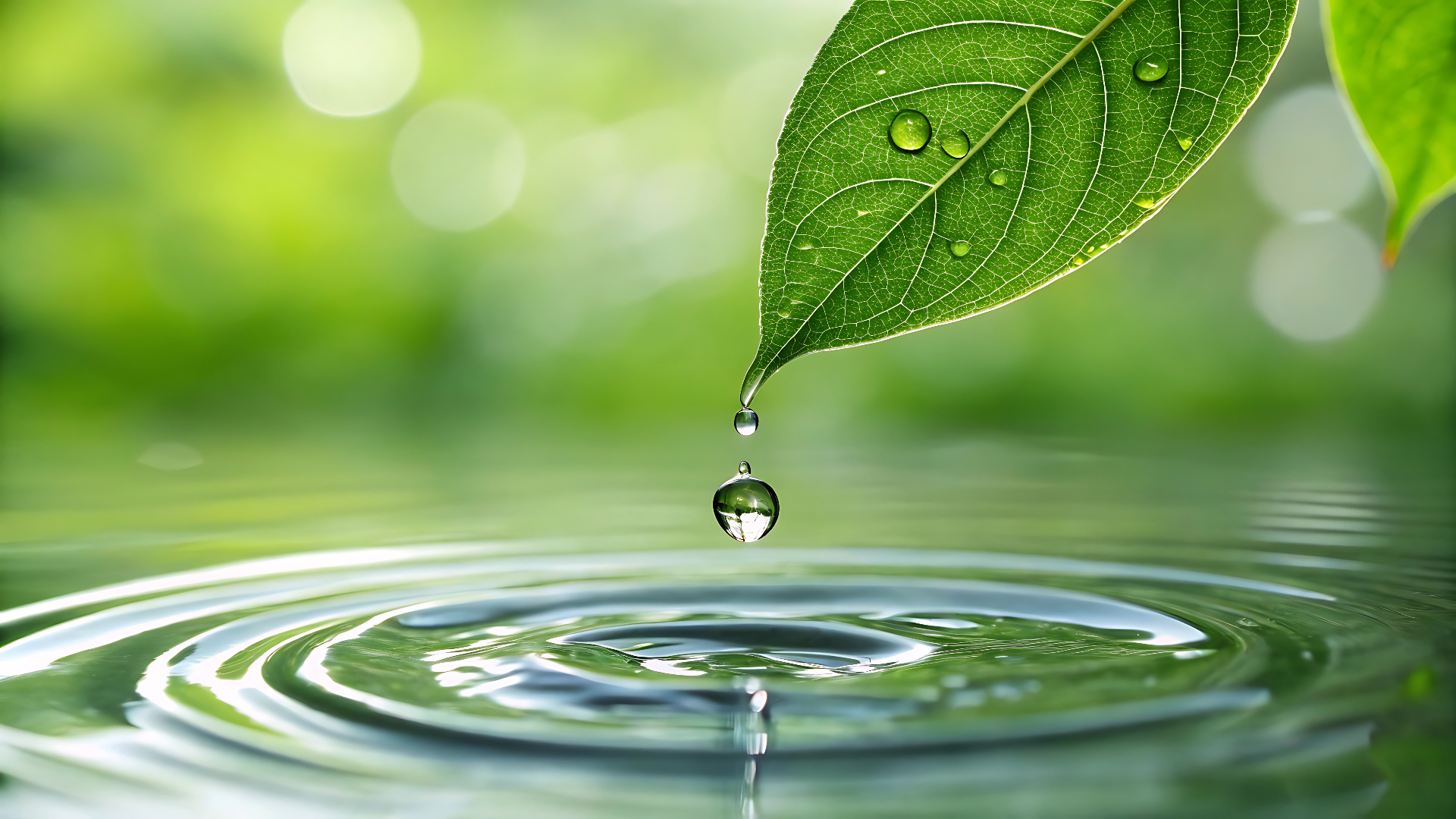 Water droplet falling from a fresh green leaf onto rippling water